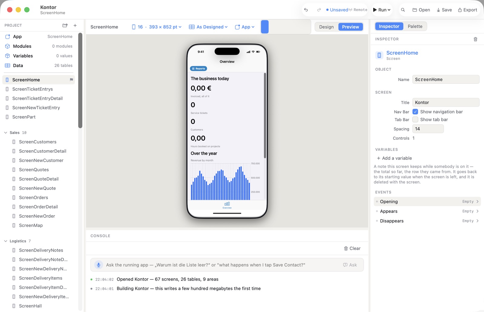 The Neuridion Mobile designer: the project navigator on the left, an iPhone on the canvas showing a dashboard with figures and a revenue chart, the inspector on the right and the console below