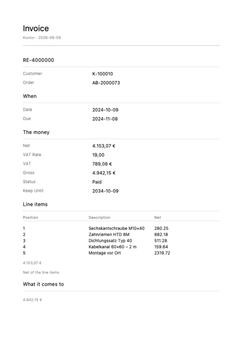 An A4 invoice produced by the app: header, address, the line items as a table, and the total