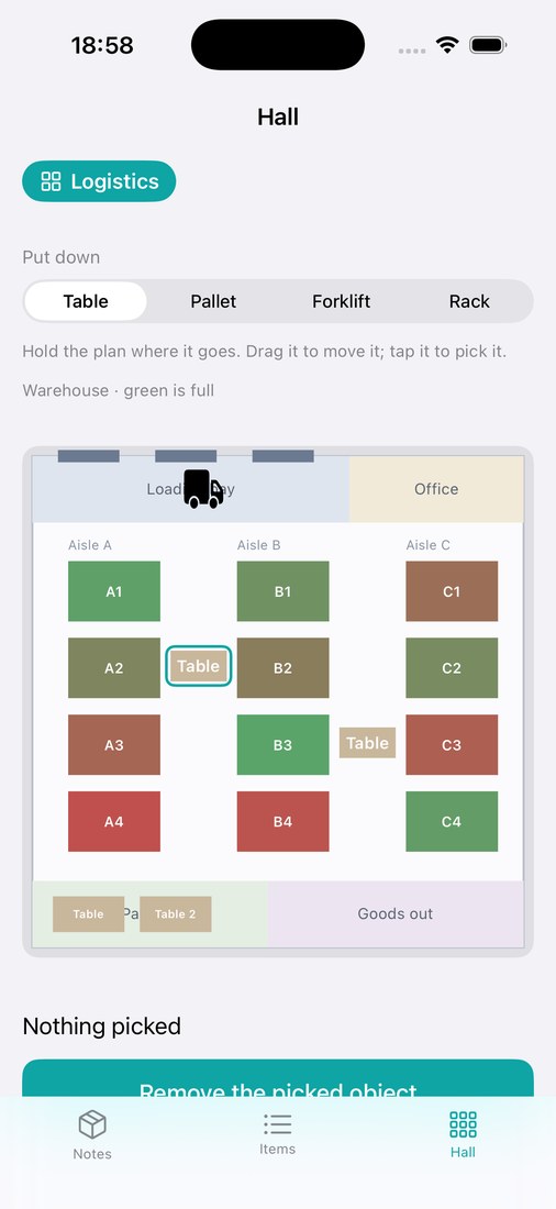 An iPhone showing a warehouse floor plan: twelve coloured shelves in three aisles with a loading bay