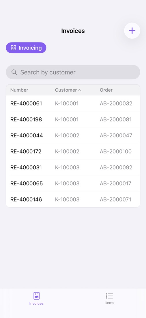 An iPhone showing a long list of invoices sorted by total